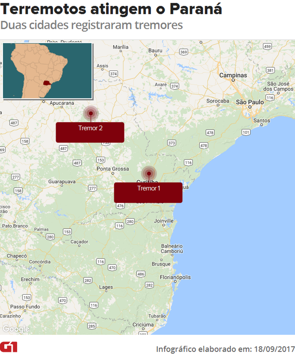 Terremotos foram registrados em duas cidades do Paraná (Foto: Editoria de Arte/G1)