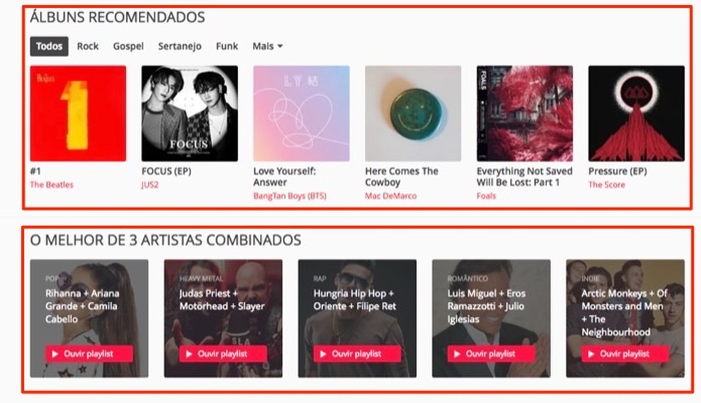 Álbuns e listas de reprodução de músicas na página inicial do serviço online Ouvir Música — Foto: Reprodução/Marvin Costa
