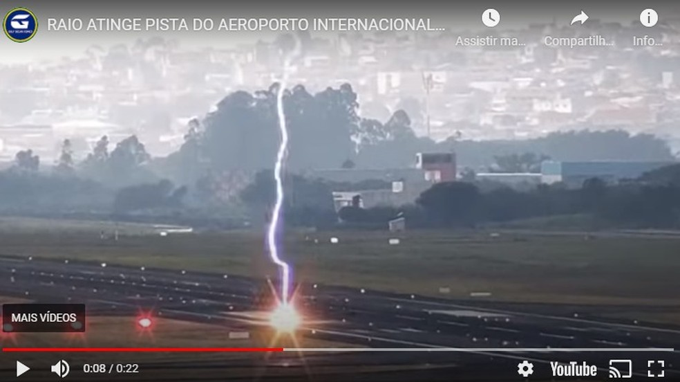 Vídeo divulgado nas redes sociais mostra um raio atingindo a pista principal do aeroporto de Cumbica — Foto: Reprodução