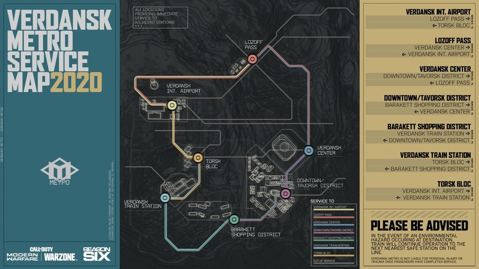 Mapa com todas as estações de metrô presentes no Warzone — Foto: Reprodução/Call of Duty