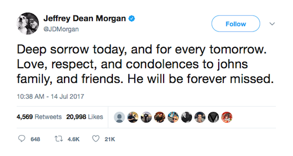 A mensagem compartilhada pelo ator Jeffrey Dean Morgan em homenagem ao dublê morto após acidente nas gravações de The Walking Dead (Foto: Twitter)