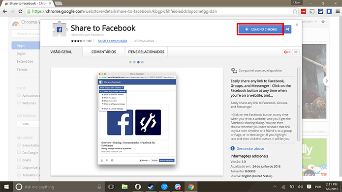 Share to Facebook permite compartilhar links no Chrome sem trocar de aba (Foto: Reprodução/Elson de Souza)