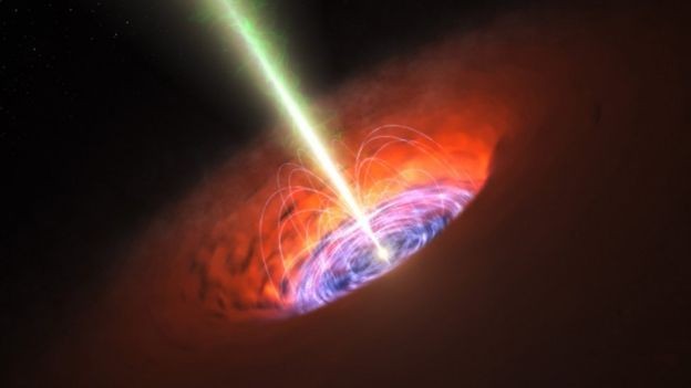 Impressão artística de um buraco negro emitindo raios de energia após consumir uma estrela (Foto: ESO/L. CALÇADA via BBC News)