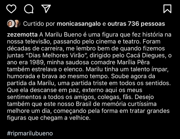 Zezé Motta lamenta morte de Marilu Bueno (Foto: Reprodução/Instagram)