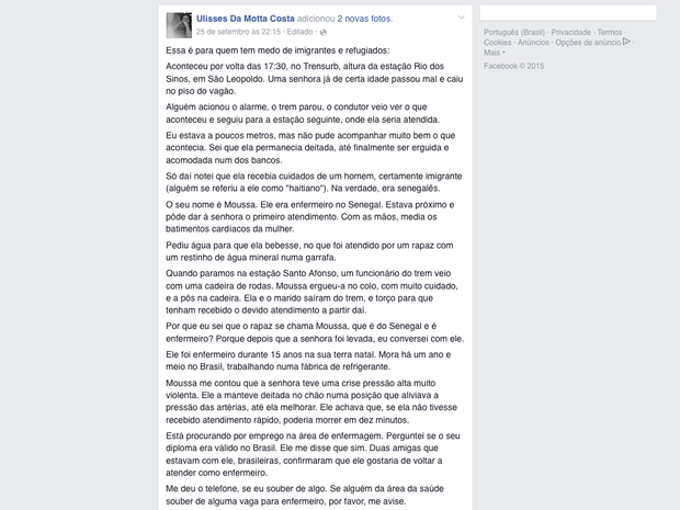 Homem faz post no Facebook sobre imigrante Senegalês no RS (Foto: Reprodução/Facebook )
