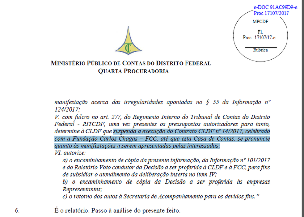 Trecho do parecer que recomenda suspensão do concurso da CLDF (Foto: Reprodução)