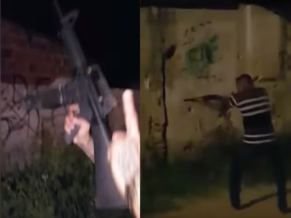 Criminosos fizeram vídeos exibindo armas e disparando tiros nas ruas de Caucaia — Foto: Reprodução