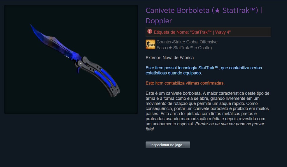 Com a coloraÃ§Ã£o azulada, Canivete Borboleta chama a atenÃ§Ã£o  â Foto: ReproduÃ§Ã£o/Steam