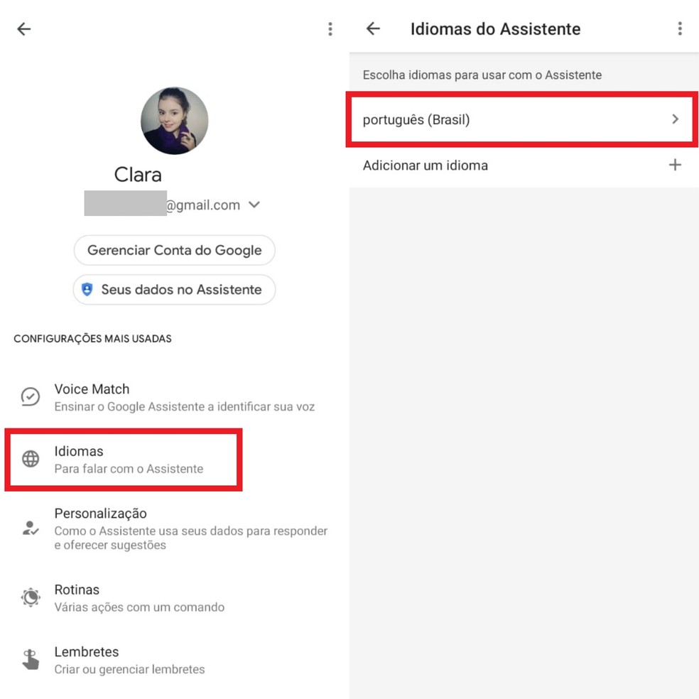 Veja se o idioma configurado no Google Assistente é o português  — Foto: Reprodução/Clara Fabro