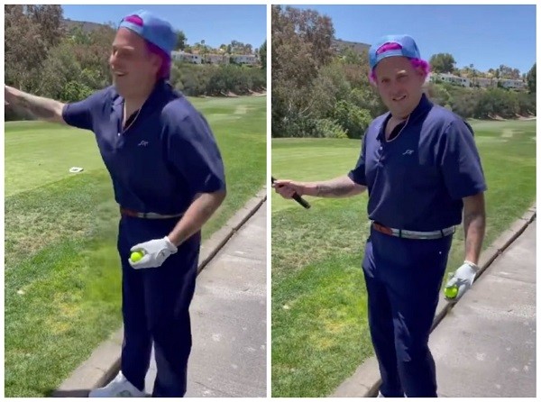 O ator Jonah Hill jogando golfe com os cabelos pintados de rosa (Foto: Instagram)
