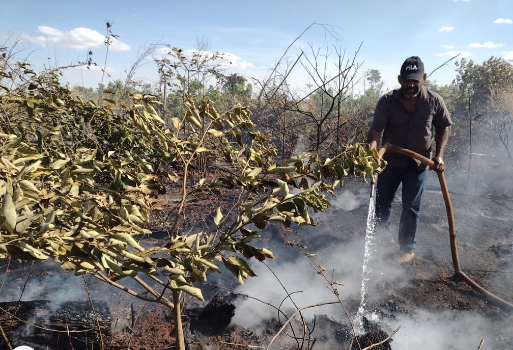 Produtor tenta apagar focos de incêndio em assentamento — Foto: Alexandre Perassoli/CAFM