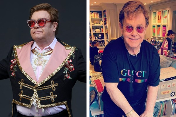 Antes e depois de Elton John – o músico de 74 anos tem se exercitado mais durante a pandemia (Foto: Getty Images ; Instagram)