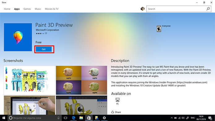 Clique para baixar o Paint 3D na loja de aplicativos do Windows 10 (Foto: Reprodução/Elson de Souza)