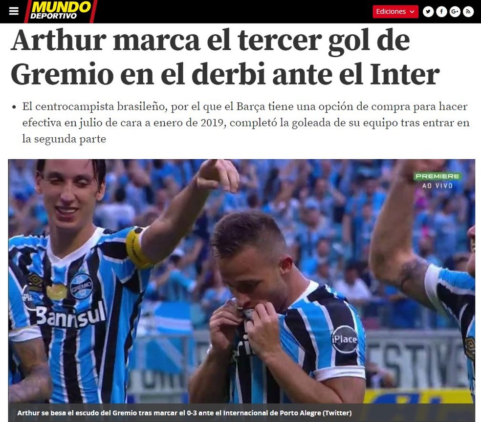 Mundo Deportivo destacou gol de Arthur (Foto: reprodução/Mundo Deportivo)