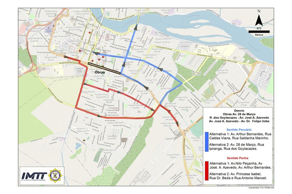 Instituto Municipal de Trânsito e Transporte (IMTT) divulgou mapa mostrando as mudanças no trânsito da 28 de Março, em Campos — Foto: IMTT