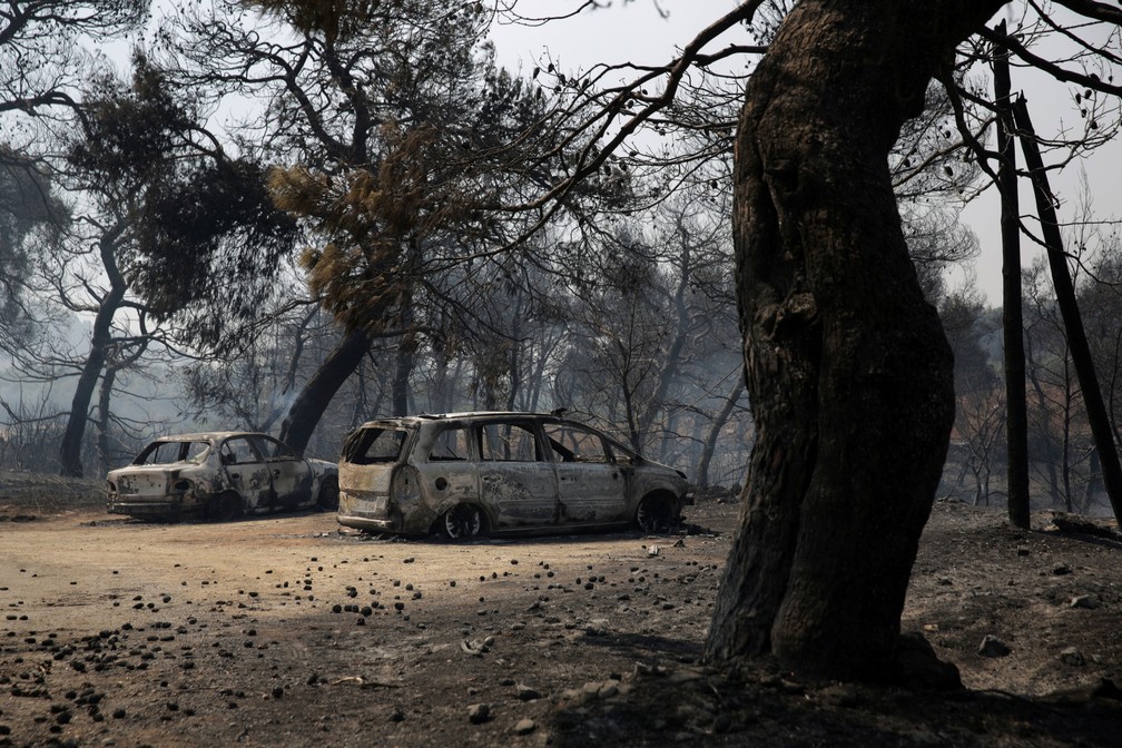 Carros foram queimados durante incêndio perto da aldeia de Stavros, na Grécia  — Foto: Costas Baltas/ Reuters