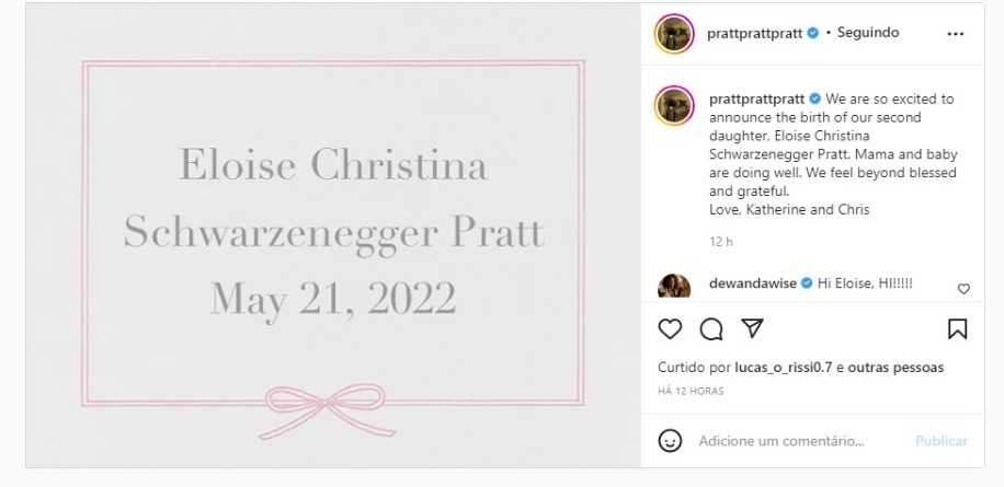 Publicação de Chris Pratt (Foto: Reprodução/Instagram)