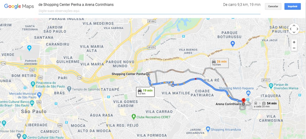 É possível imprimir o trajeto com diferentes opções de transporte — Foto: Reprodução/Guilherme Ramos