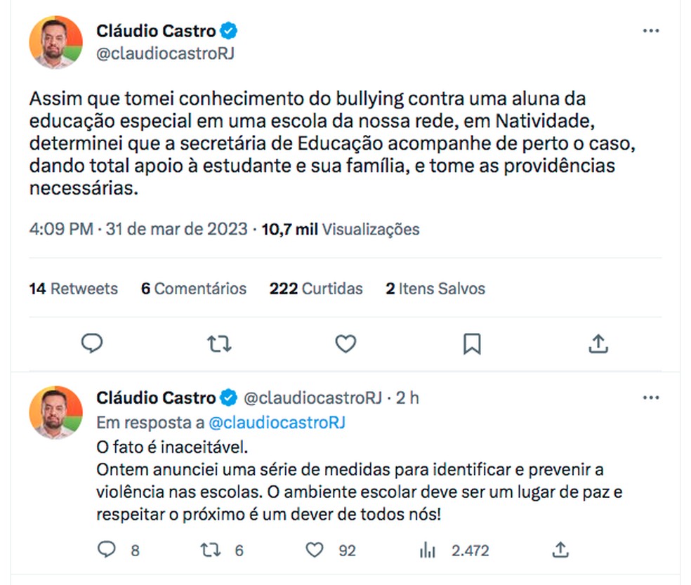 Governador do RJ Cláudio Castro falou sobre o caso de bullying ocorrido em Natividade — Foto: Reprodução/Redes sociais