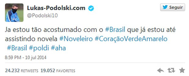 Post no Twitter de Poldi: #noveleiro (Foto: Reprodução)
