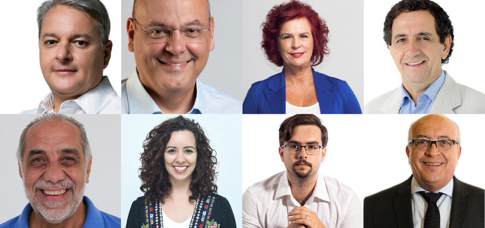 Candidatos a prefeito de Franca (SP). Na primeira fila da esquerda para a direita: Adérmis Marini (PSDB), Alexandre Ferreira (MDB), Flávia Lancha (PSD) e Gilson de Souza (DEM). Na segunda fila da esquerda para direita: João Rocha (PSL), Marília Martins (PSOL), Rafael Bruxellas (PT) e Orivaldo Donzelli (PTB) — Foto: Arte G1