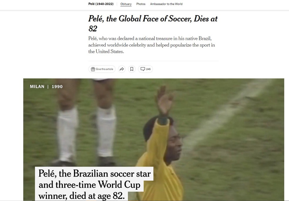 O 'New York Times' chamou Pelé de 'face global' do futebol — Foto: New York Times/Reprodução