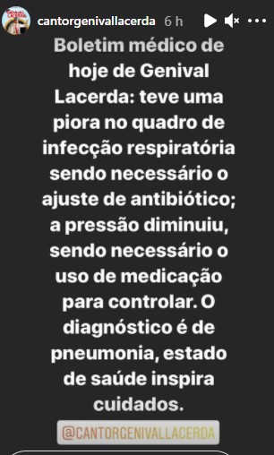Equipe divulga boletim médico de Genival Lacerda (Foto: Reprodução / Instagram)