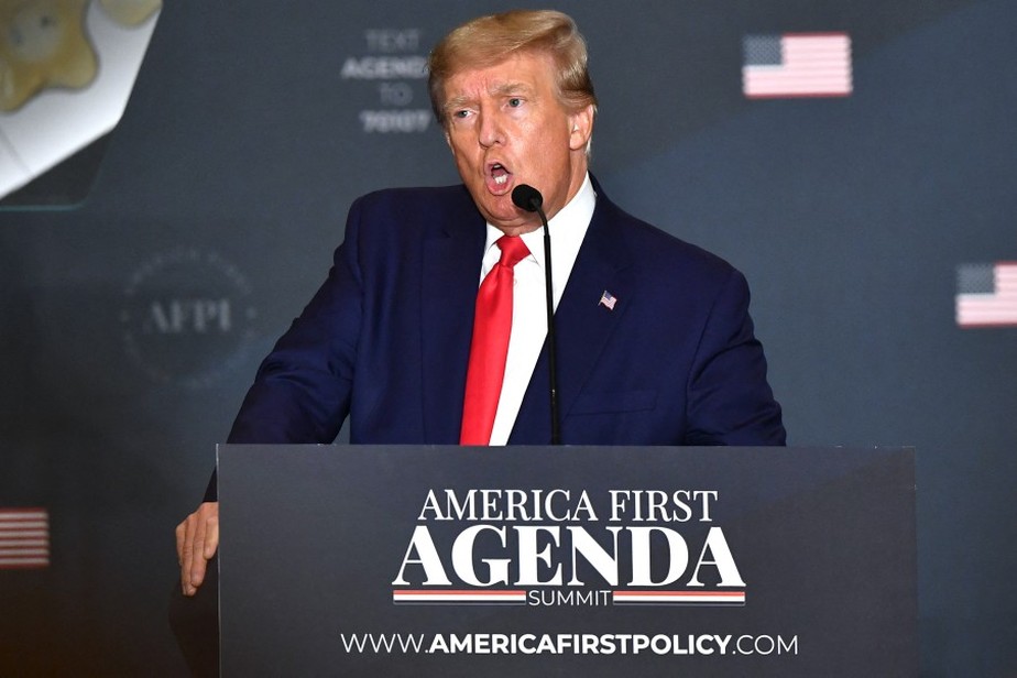 O ex-presidente dos Estados Unidos, Donald Trump, em discurso em Washington nesta terça-feira