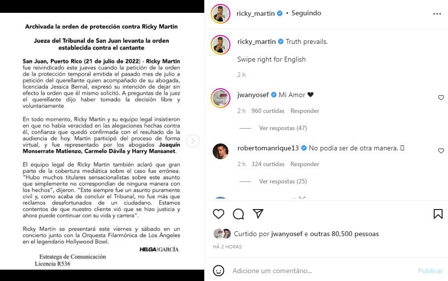 Ricky Martin compartilha comunicado oficial em suas redes sociais após fim do processo (Foto: Reprodução / Instagram)