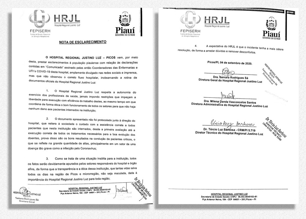 Nota do Hospital Regional Justino Luz — Foto: Divulgação/ Hospital Regional Justino Luz