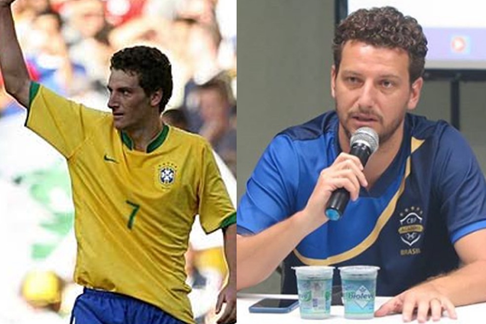 Elano jogando pela seleção em 2007 e fazendo curso da CBF em 2019 — Foto: Reprodução / Instagram