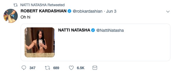 A mensagem enviada por Rob Kardashian à cantora Natti Natasha e depois compartilhada por ela (Foto: Twitter)