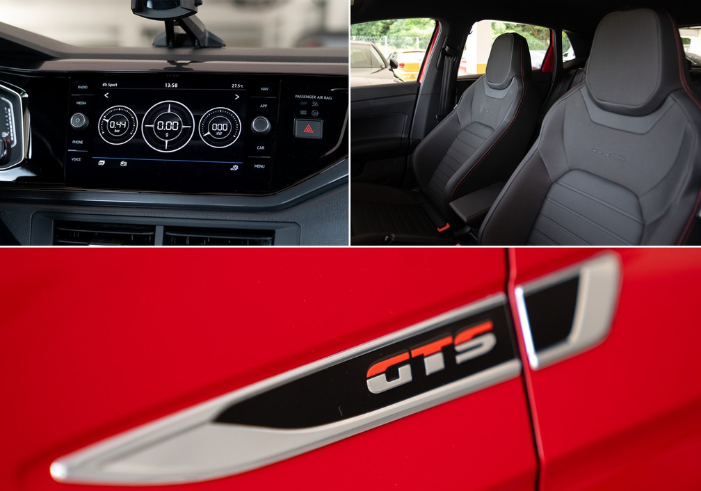 Detalhes do Polo GTS como mostradores na central multimídia, bancos esportivos e instrição GTS na lateral — Foto: Marcelo Brandt/G1