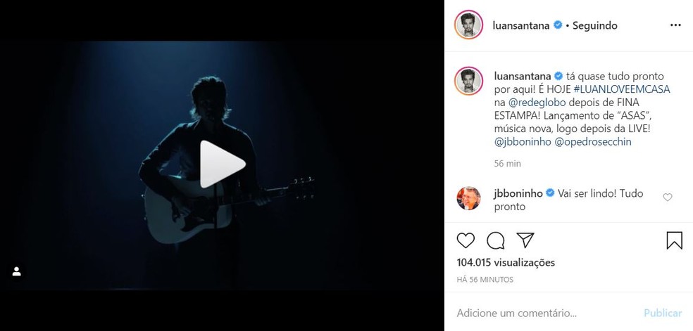 Luan Santana adiantou um trecho da música nova, 'Asas' — Foto: Reprodução Instagram