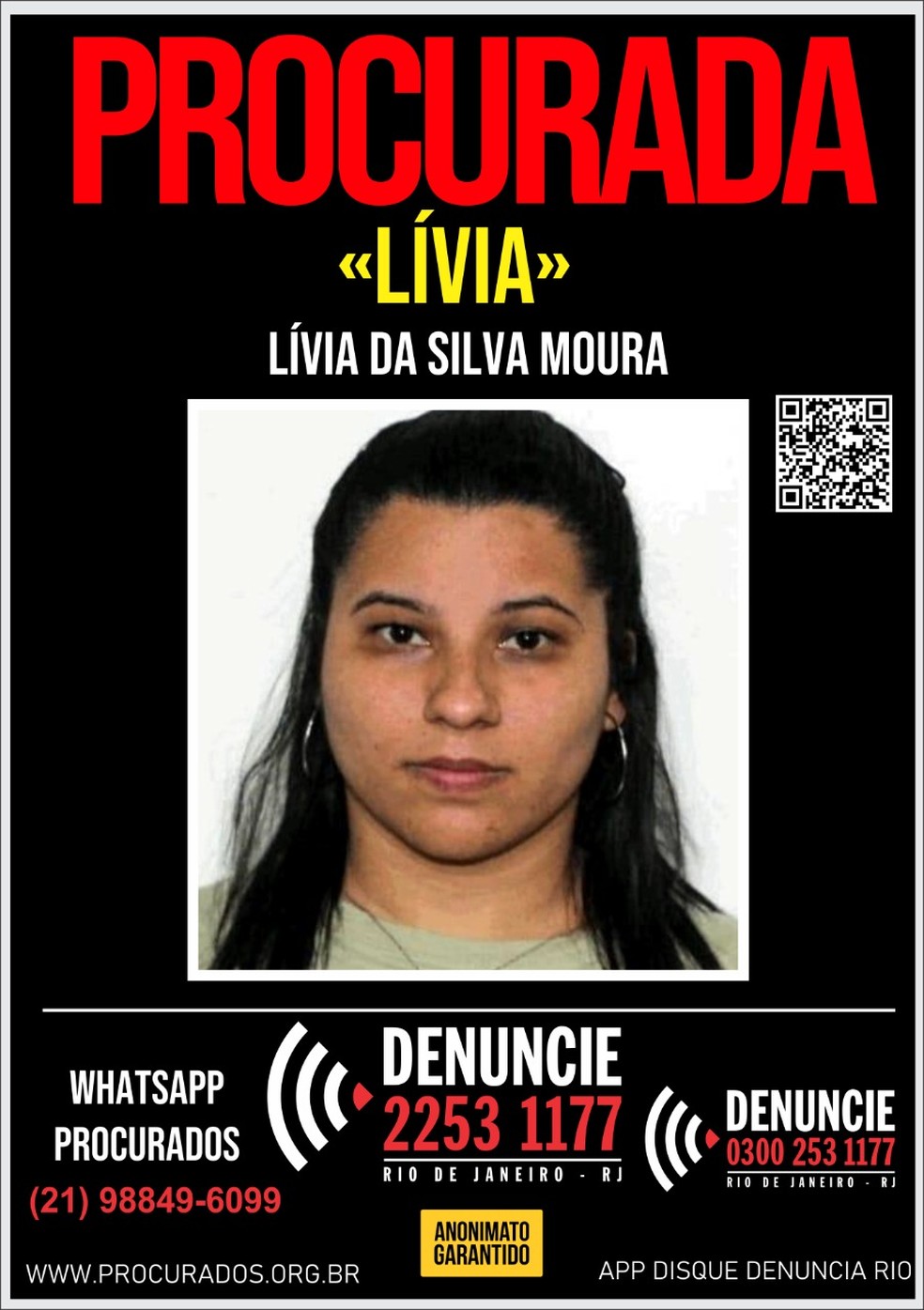 Disque Denúncia lança cartaz pedindo informações sobre Lívia Moura — Foto: Reprodução