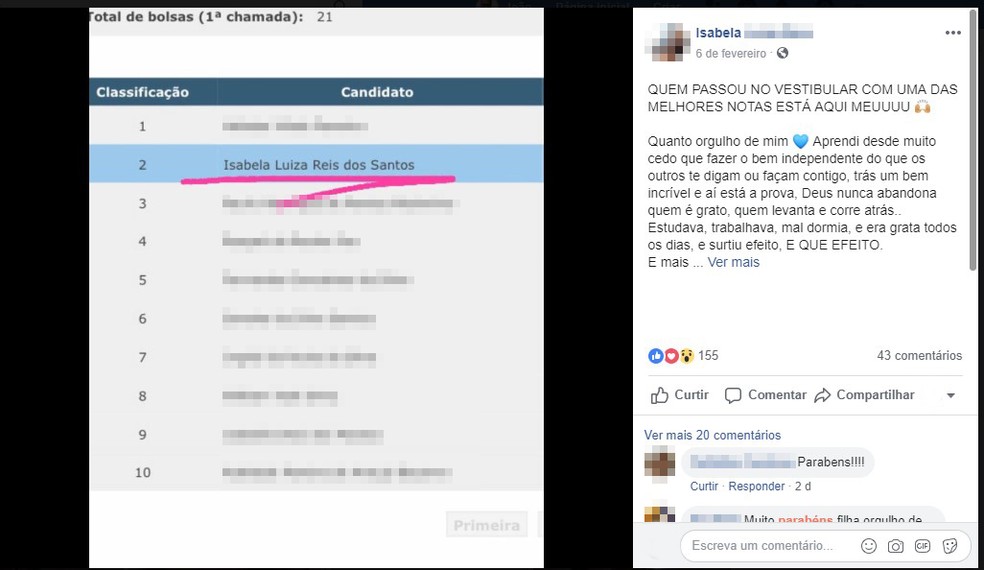 Isabela Luiza comemorou resultado de vestibular em universidade de Guarujá, SP — Foto: Reprodução/Facebook