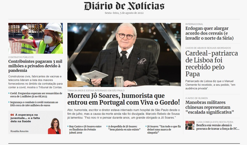 Jornal português "Diário de Notícias" destaca em sua página inicial a morte de Jo Soares, em 5 de agosto de 2022. — Foto: Reprodução