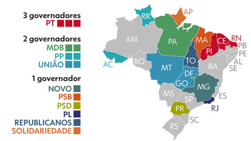 Partidos e governadores eleitos no primeiro turno — Foto: Arte/g1