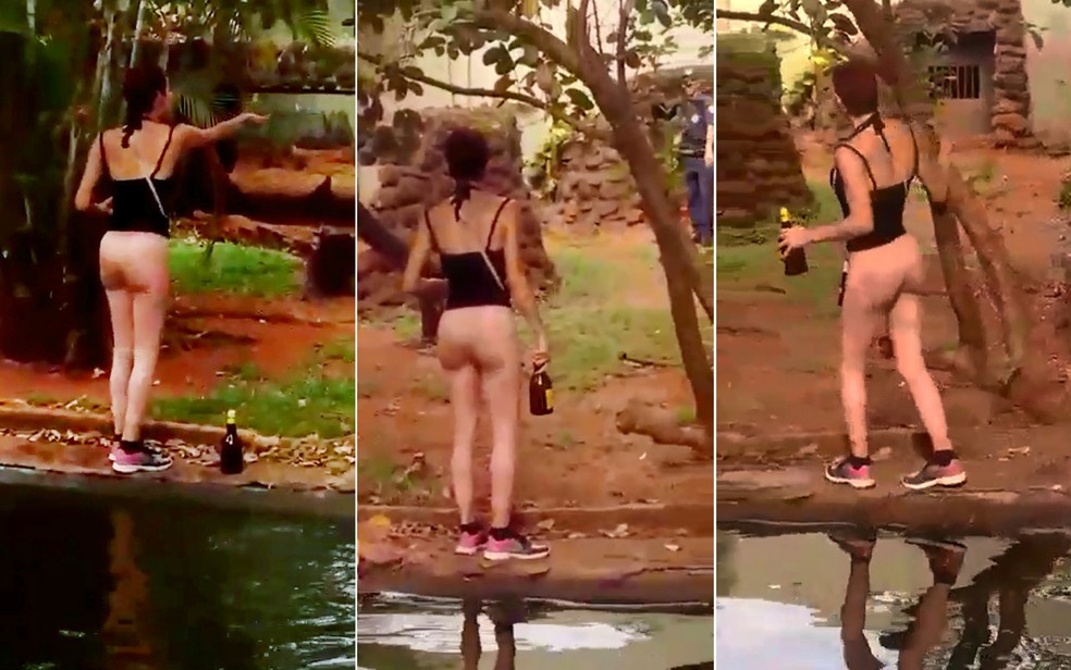 Travesti embriagada pula no recinto das onÃ§as no Bosque e ZoolÃ³gico de RibeirÃ£o Preto â Foto: DivulgaÃ§Ã£o