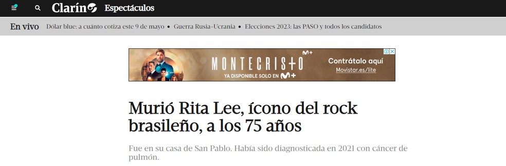 Rita Lee é manchete no Clarín — Foto: Reprodução