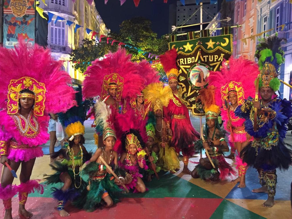 Tribo Tupã foi uma das agremiações que se apresentou no Marco Zero do Recife neste sábado (22) — Foto: Caíque Batista/G1