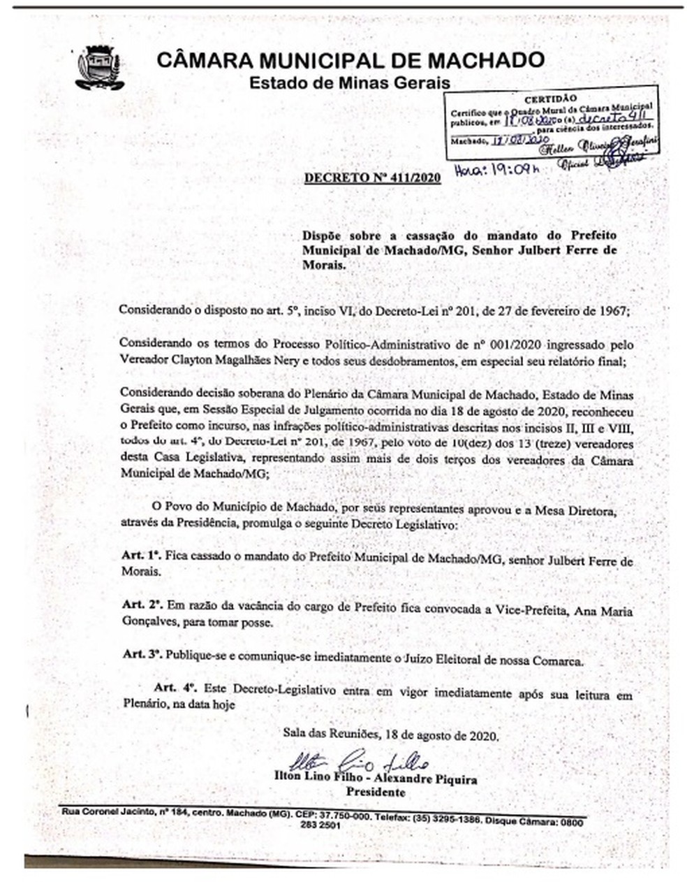Decreto da Câmara de Machado sobre a cassação de Julbert Ferre do cargo de prefeito — Foto: Reprodução/Câmara de Machado