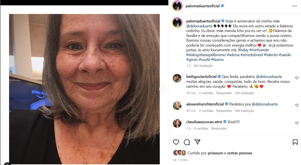 Paloma Duarte homenageia a m&atilde;e, D&eacute;bora Duarte &mdash; Foto: Reprodu&ccedil;&atilde;o/Instagram