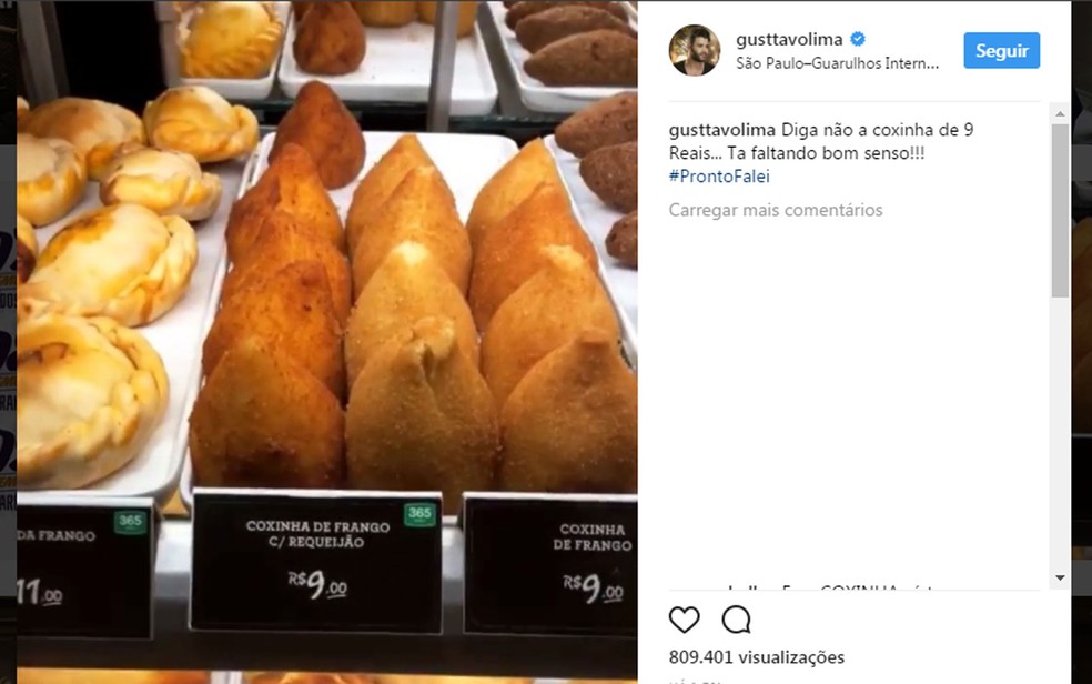 Gusttavo Lima mostra coxinha a R$ 9 em lanchonete do aeroporto de Guarulhos (Foto: Instagram/Gusttavo Lima/Reproduo)