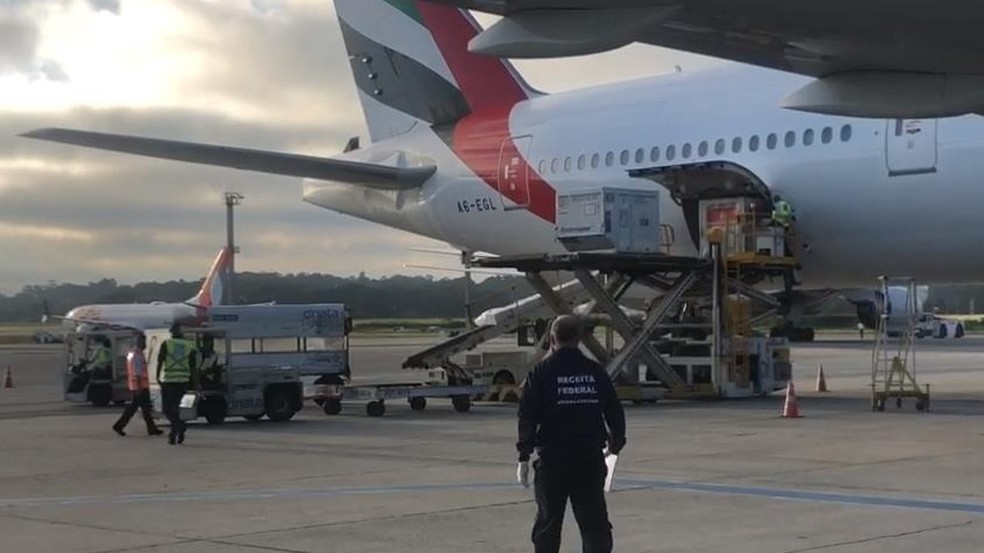 Avião com 2 milhões da vacina de Oxford chega a Guarulhos na manhã de terça-feira (23) — Foto: Divulgação/Receita Federal 