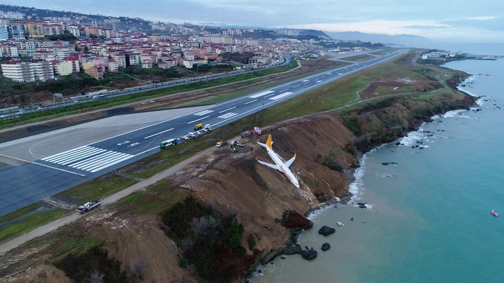 14 de janeiro â Boeing 737 da Pegasus Airline Ã© visto em um barranco Ã  beira mar em Trabzon, na Turquia, apÃ³s derrapar durante a decolagem. O aviÃ£o tinha 168 pessoas a bordo; nÃ£o foram relatados feridos â Foto: Ihlas News Agency