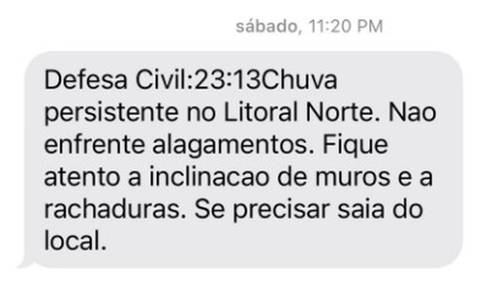 Mensagem da Defesa Civil do Estado de SP no sábado — Foto: Reprodução