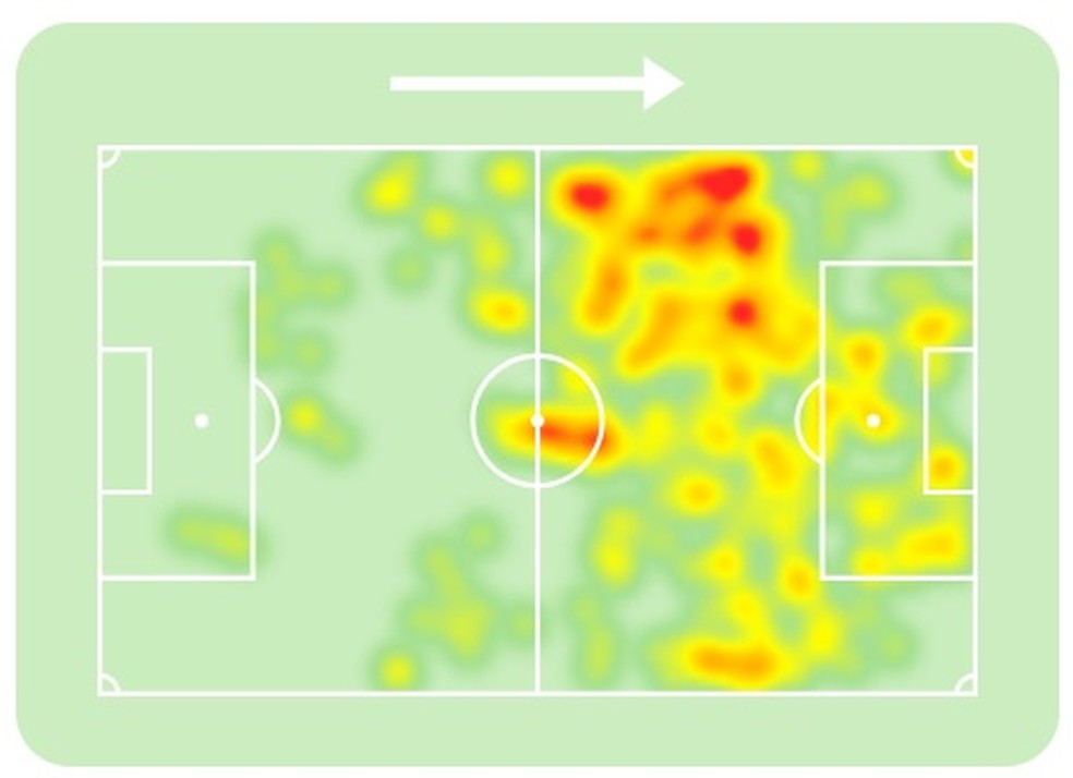Mapa de calor de Rodrygo no Campeonato Espanhol 2022/2023 &mdash; Foto: Sofascore