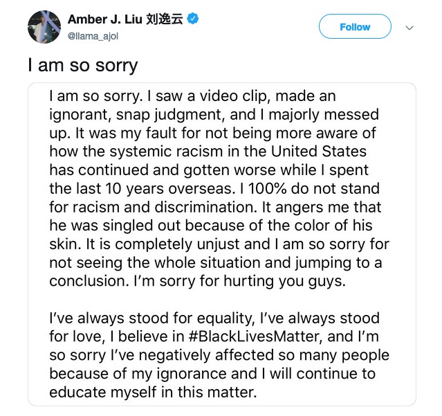 O pedido de desculpas público de Amber Liu (Foto: Twitter)