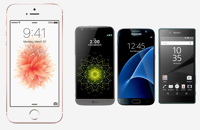 iPhone SE contra LG G5, Galaxy S7 e Xperia Z5 (Foto: Arte/TechTudo)